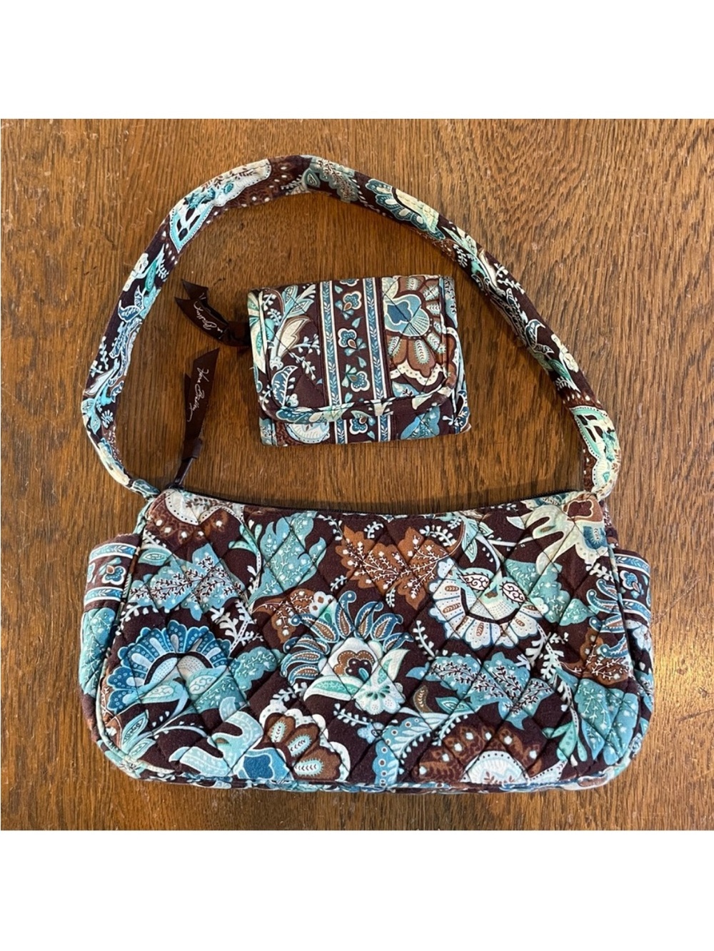 Vera Bradley Java Blue Maggie Purse Shoulder Handbag and Tri Fold Wallet Set